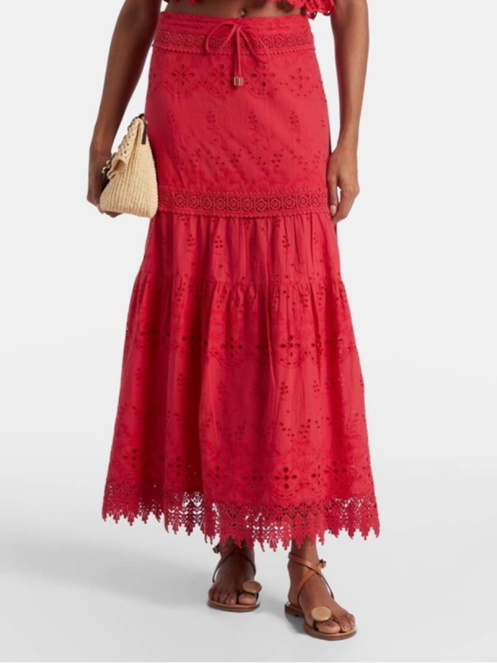 Melissa Odabash Red Alessia Cotton Broderie Anglaise Tiered Maxi Skirt - Size M